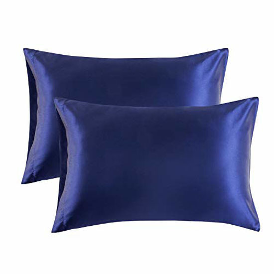 Picture of Bedsure Satin Pillowcase for Hair and Skin, 2-Pack - Standard Size (20x26 inches) Pillow Cases - Satin Pillow Covers with Envelope Closure, Navy Blue