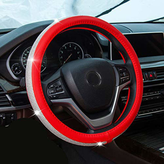 Picture of New Diamond Leather Steering Wheel Cover with Bling Bling Crystal Rhinestones, Universal Fit 15 Inch Anti-Slip Wheel Protector for Women Girls,Red