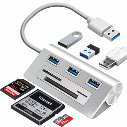 Picture of 6-in-1 USB 3.0 Card Reader, Aluminum Data USB 3.0 Hub with 3 High-Speed Ports and 1 CF/SD/TF Card Reader, 12" USB Cable for Mac Pro, iMac, MacBook, Laptop and Desktop PC