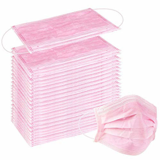 Picture of Wecolor 100 Pcs Disposable 3 Ply Earloop Face Masks, Suitable for Home, School, Office and Outdoors (Pink)