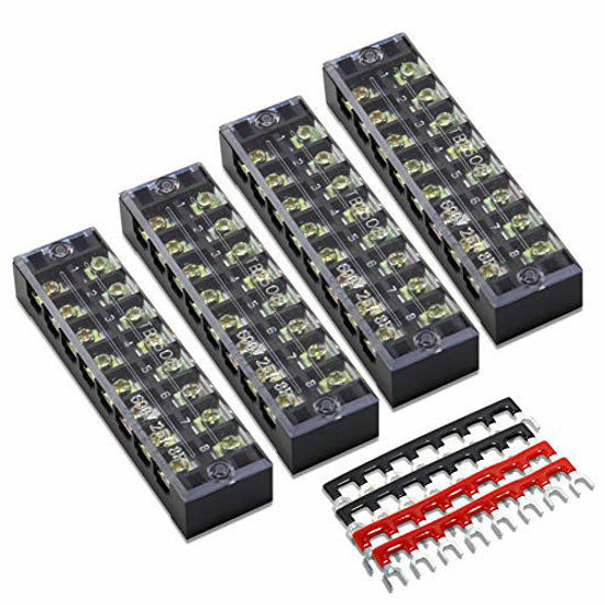 Picture of 8pcs (4 Sets) 8 Positions Dual Row 600V 25A Screw Terminal Strip Blocks with Cover + 400V 25A 8 Positions Pre-Insulated Terminals Barrier Strip (Black & Red) by MILAPEAK