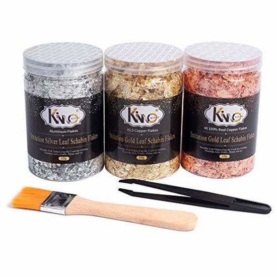 Picture of KINNO Gilding Resin Flakes Set with Tweezers and Brush - Color 2.5 Imitation Gold, Silver, Color 0 Real Copper, 3 Bottles Metallic Foil Flakes for Painting Arts and Crafts,Nail Art