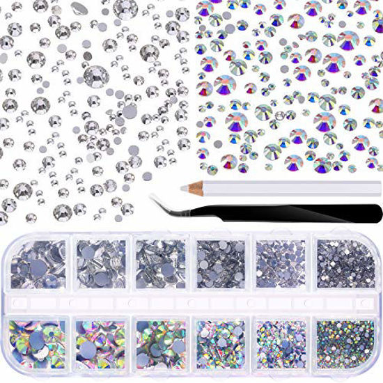 Picture of 3510 Pieces Flat Back Gems Round Crystal Rhinestones 6 Sizes (1.5-6 mm) with Pick Up Tweezer and Rhinestones Picking Pen for Crafts Nail Face Art Clothes Shoes Bags DIY(Clear and Crystal AB)