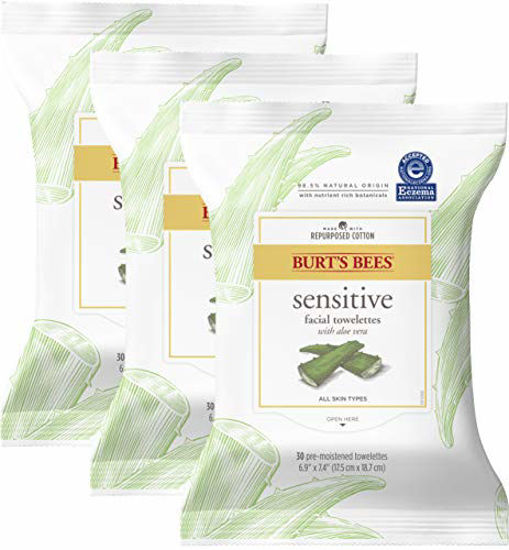 Picture of Burt's Bees Sensitive Facial Cleansing Towelettes with Cotton Extract for Sensitive Skin - 30 Count (Pack of 3)