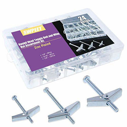 Picture of Swpeet Assorted 24 Pcs Toggle Bolt and Wing Nut Kit for Hanging Heavy Items on Drywall - 1/8 Inch, 3/16Inch, 1/4Inch