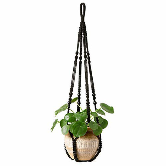 Picture of Mkono Macrame Plant Hanger Indoor Hanging Planter Basket with Wood Beads Decorative Flower Pot Holder No Tassels for Indoor Outdoor Boho Home Decor 35 Inch, Black