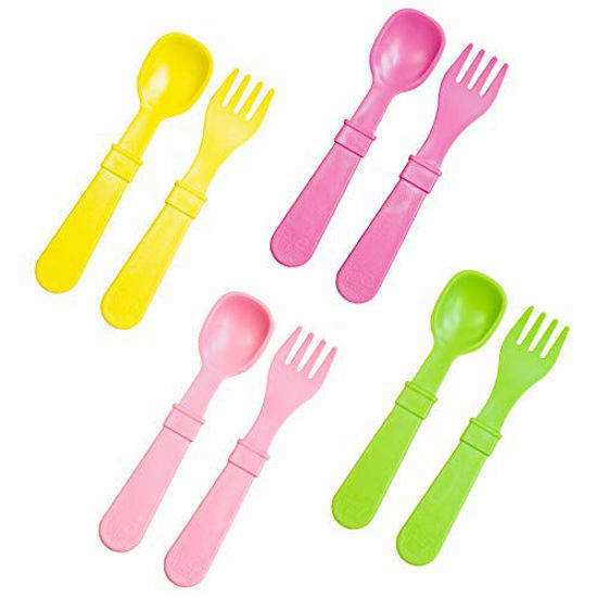 Picture of RE-PLAY Made in USA | 8pk Toddler Feeding Utensils Spoon and Fork Set | BPA Free Eco Friendly Recycled Milk Jugs - Virtually Indestructible | Blush, Yellow, Bright Pink, Lime Green | (Tulip+)