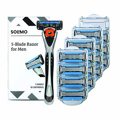 Picture of Amazon Brand - Solimo 5-Blade MotionSphere Razor for Men with Dual Lubrication and Precision Trimmer, Handle & 16 Cartridges (Cartridges fit Solimo Razor Handles only)