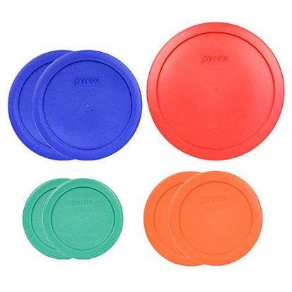 Picture of Pyrex (1) 7402-PC 6/7 Cup Red (2) 7201-PC 4 Cup Cobalt Blue (2) 7200-PC 2 Cup Orange (2) 7202-PC 1 Cup Green Food Storage Lids - 7 Pack