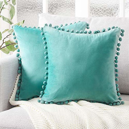 Picture of Top Finel Decorative Throw Pillow Covers with Pom Poms Soft Particles Velvet Solid Cushion Covers 18 X 18 for Couch Bedroom Car, Pack of 2, Teal
