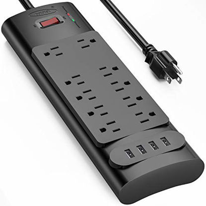 Picture of Power Strip, Bototek Surge Protector with 10 AC Outlets and 4 USB Charging Ports,1875W/15A, 2100 Joules, 6 Feet Long Extension Cord for Smartphone Tablets Home,Office, Hotel- Black