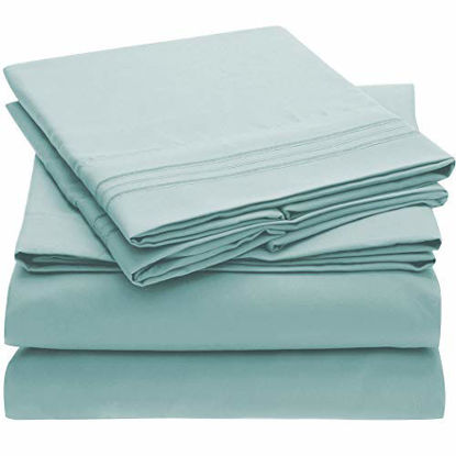 Picture of Mellanni Bed Sheet Set - Brushed Microfiber 1800 Bedding - Wrinkle, Fade, Stain Resistant - 5 Piece (Split King, Spa Blue)