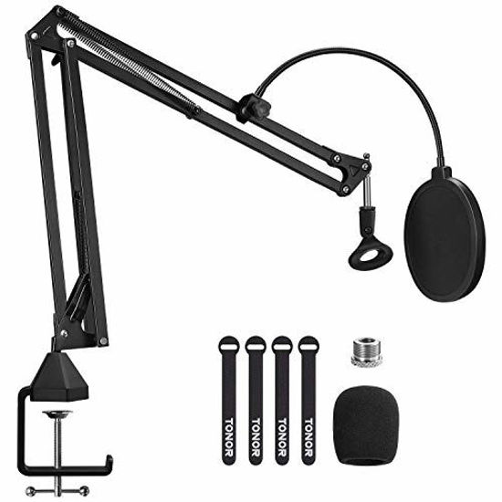 Picture of Microphone Arm Stand, TONOR Adjustable Suspension Boom Scissor Mic Stand with Pop Filter, 3/8" to 5/8" Adapter, Mic Clip, Upgraded Heavy Duty Clamp for Blue Yeti Nano Snowball Ice and Other Mics(T20)