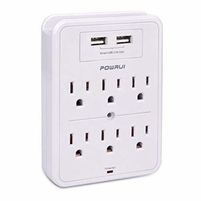 Picture of POWRUI Surge Protector, USB Wall Charger with 2 USB Charging Ports(Smart 2.4A Total), 6-Outlet Extender and Top Phone Holder for Your Cell Phone, White, ETL Listed