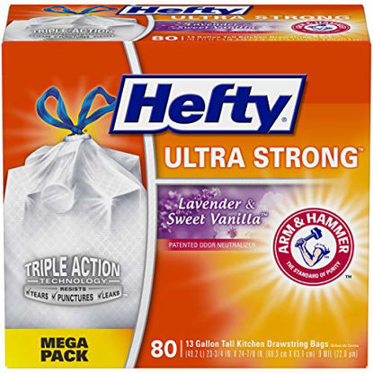 Picture of Hefty 10013700016605 Ultra Strong Tall Kitchen Trash Bags-Lavender Sweet Vanilla, 13 Gallon, 80 Count, (Pack of 1), White