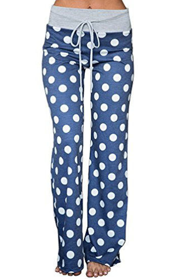 Picture of AMiERY Women's Casual Palazzo Pant Polka Dot Comfy Loose Wide Leg Lounge Pajama Bottom Pants (M, Blue)