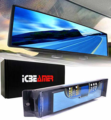 Picture of ICBEAMER 11.8" 300mm Easy Clip on Universal Fit Wide Angle Panoramic Auto Interior Rearview Mirror Flat Blue Surface