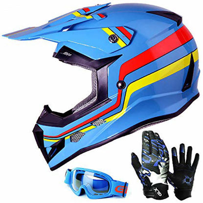 Picture of GLX Unisex-Child GX623 DOT Kids Youth ATV Off-Road Dirt Bike Motocross Helmet Gear Combo Gloves Goggles for Boys & Girls (Retro Blue, Medium)