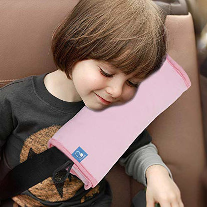 Picture of COOLBEBE Seat Belt Pillow for Kids, Extra Soft Support Travel Pillow for Head Neck and Shoulder in Car, Universal Carseat Strap Cushion Pads for Childs Baby People Adults, Pink