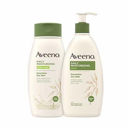 Picture of Aveeno Daily Moisturizing Body Lotion with Soothing Oat, 18 fl. oz & Daily Moisturizing Body Wash for Dry Skin with Soothing Oat, 18 fl. oz