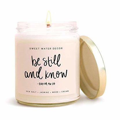 Picture of Sweet Water Decor, Be Still and Know, Sea Salt, Jasmine, Cream, and Wood Scented Soy Wax Candle for Home | 9oz Clear Glass Jar, 40 Hour Burn Time, Made in the USA