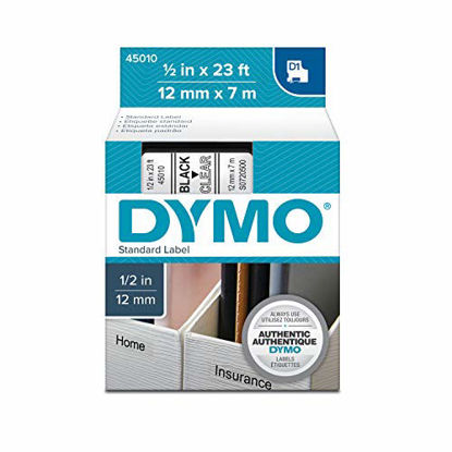 Picture of DYMO Authentic D1 Label l DYMO Labels for LabelManager, COLORPOP and LabelWriter Duo Label Makers, Great for Organization, Indoor and Outdoor Use, ½ (12mm), Black Print on Clear Tape, Water Resistant