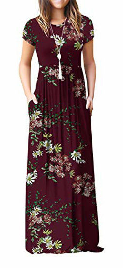 Picture of VIISHOW Women's Short Sleeve Floral Printed Dress Loose Plain Maxi Dresses Casual Long Dresses with Pockets(Floral Wine red S)