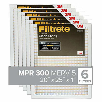 Picture of Filtrete 20x25x1, AC Furnace Air Filter, MPR 300, Clean Living Basic Dust, 6-Pack (exact dimensions 19.69 x 24.69 x 0.81)