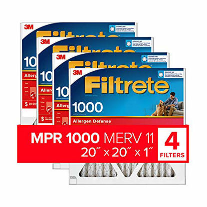 Picture of Filtrete 20x20x1, AC Furnace Air Filter, MPR 1000, Micro Allergen Defense, 4-Pack (exact dimensions 19.69 x 19.69 x 0.81)