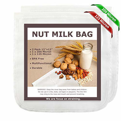Picture of Nut Milk Bags, 12"x12", 2 Pack, Reusable Nylon Food Strainer, Multi-use Food Grade Filter for Almond Milk, Juice, Cheese, Tea, Cold Brew Coffee(1x200 Micron & 1x125 Micron)