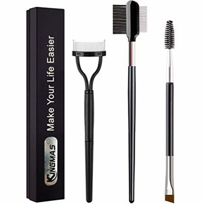 Picture of KINGMAS 3Pcs Duo Eyebrow Brush and Spoolie & Eyelash Comb Curlers & Steel Brow Brush Comb Makeup Grooming Tool