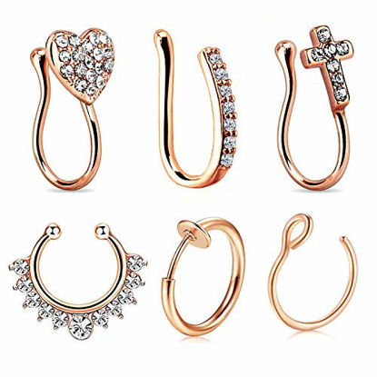 Picture of JFORYOU 6Pcs Nose Rings Fake 16G Stainless Steel Inlaid CZ Faux Piercing Jewelry Fake Nose Ring Spring Clip on Circle Hoop No Pierced Septum Nose Ring Women Men