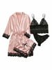 Picture of WDIRARA Women's 4 Pieces Lace Lingerie with Satin Belt Robe Sexy Pajama Set Pink XL