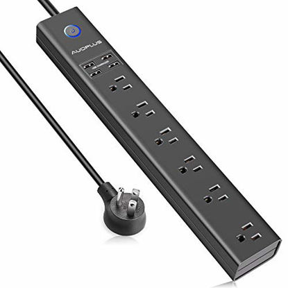 Picture of Surge Protector Power Strip with USB, AUOPLUS 10FT Outlet Strip, 6 Outlet and 4 USB Charger,[Flat Plug/Wall Mountable], 1250W/10A/1050J, Long Extension Cord for Computer iPhone Home Office Dorm