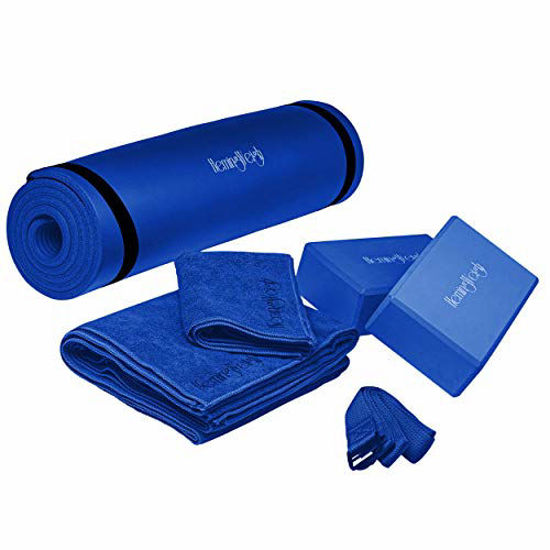 Picture of HemingWeigh Yoga Kit - Blue Yoga Mat Set Includes Carrying Strap, Yoga Blocks, Yoga Strap, and 2 Microfiber Yoga Towels - Yoga Gear and Accessories for Beginners and Experienced Yogis