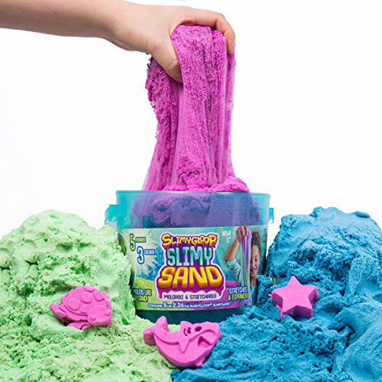 Picture of SLIMYSAND Bucket, 5 Pounds of SlimySand in 3 Colors (Blue, Green and Purple), 3 Molds, Reusable Bucket for Storage. Super Stretchy & Moldable Cloud Slime!