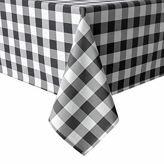 Picture of Hiasan 60 x 120 Inch Checkered Tablecloth Rectangle - Stain Resistant, Spillproof and Washable Gingham Table Cloth for Outdoor Picnic, Kitchen and Holiday Dinner, Black and White