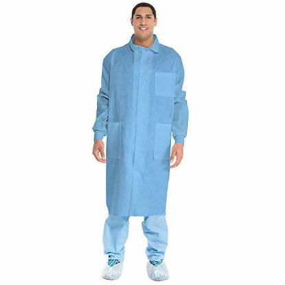 Picture of Kimtech A8 Certified Lab Coats with Knit Cuffs + Extra Protection (10045), Protective 3-Layer SMS Fabric, Back Vent, Unisex, Blue, Small, 25 / Case