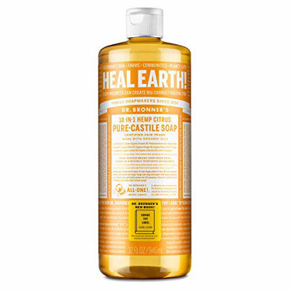 Picture of Dr. Bronners - Pure-Castile Liquid Soap (Citrus, 32 ounce) - Made with Organic Oils, 18-in-1 Uses: Face, Body, Hair, Laundry, Pets and Dishes, Concentrated, Vegan, Non-GMO