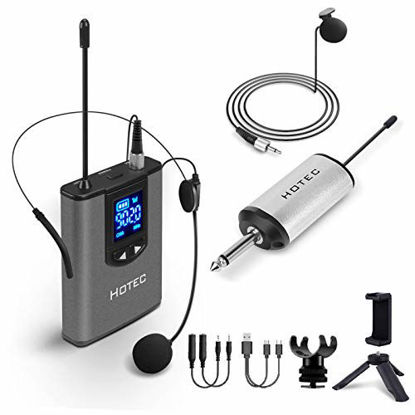 Picture of Hotec UHF Wireless Headset Microphone/Lavalier Lapel Mic with Bodypack Transmitter and Mini Rechargeable Receiver 1/4" Output, for Live Performances, Support Phone