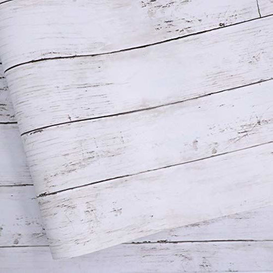 Picture of White Gray Wood Paper 17.71 in X 118 in Self-Adhesive Removable Wood Peel and Stick Wallpaper Decorative Wall Covering Vintage Wood Panel Interior Film for Christmas Decoration