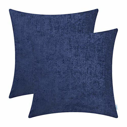 Picture of CaliTime Pack of 2 Cozy Throw Pillow Covers Cases for Couch Sofa Home Decoration Solid Dyed Soft Chenille 16 X 16 Inches Navy Blue