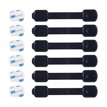 Picture of CUTESAFETY Child Proof Safety Locks - Baby Proofing Cabinet Lock with 6 Extra 3M Adhesives - Adjustable Strap Latches to Cabinets,Drawers,Cupboard,Oven,Fridge,Closet Seat,Door,Window (Black, 6)