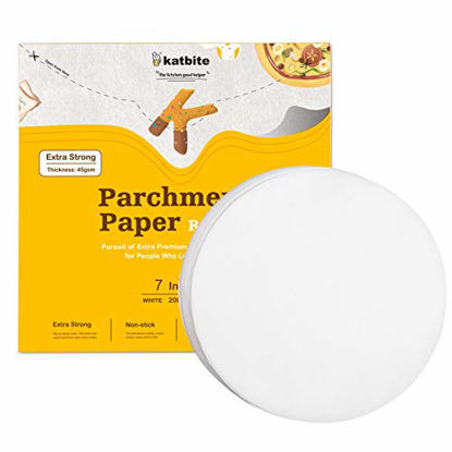 Picture of Katbite Heavy Duty Parchment Rounds 7 Inch 200 Pcs, 4"6"8"9"10"12" Parchment Paper Rounds Available, Uses for Cake Baking, Air Fryer Liners