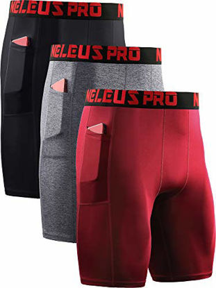 Picture of Neleus Men's Compression Shorts with Pockets 3 Pack,6064,Black/Grey/Red,US 2XL,EU 3XL