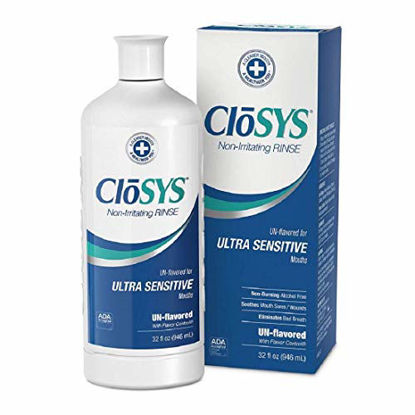 Picture of CloSYS Ultra Sensitive Mouthwash, 32 Ounce, Unflavored (Optional Flavor Dropper Included), Alcohol Free, Dye Free, pH Balanced, Helps Soothe Mouth Sensitivity, Kills Germs that Cause Bad Breath