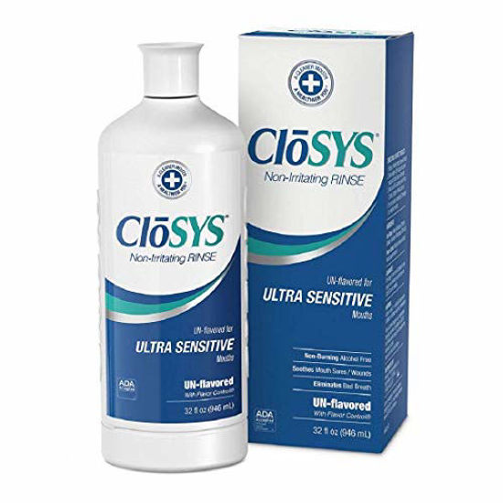 Picture of CloSYS Ultra Sensitive Mouthwash, 32 Ounce, Unflavored (Optional Flavor Dropper Included), Alcohol Free, Dye Free, pH Balanced, Helps Soothe Mouth Sensitivity, Kills Germs that Cause Bad Breath