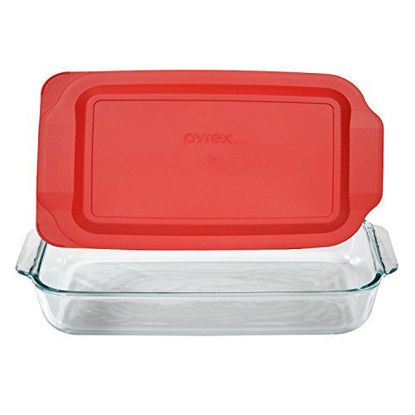 Picture of Pyrex Basics 3 Quart Glass Oblong Baking Dish with Red Plastic Lid -13.2 INCH x 8.9inch x 2 inch