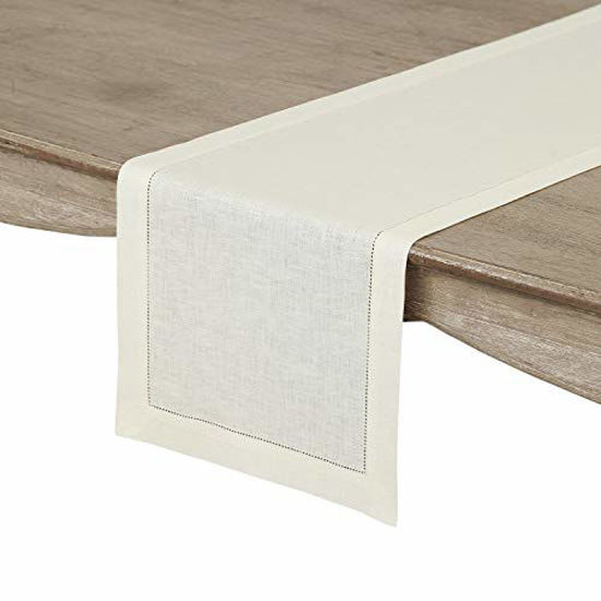 Picture of Solino Home 100% Pure Linen Hemstitch Table Runner - 14 x 36 Inch, Handcrafted from European Flax, Machine Washable Classic Hemstitch - Ivory