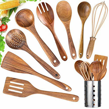 Picture of Kitchen Utensil Set Wood,9 Pack Wooden Cooking Utensils with Holder, Natural Teak Wooden Spoons for Cooking,Wooden Spatula,Turner,Strainer,Ladle,Egg Whisk,Slottled Spoons